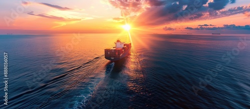 Fototapeta Naklejka Na Ścianę i Meble -  Wide angle view of a cargo ship at sunrise on the ocean with copy space image