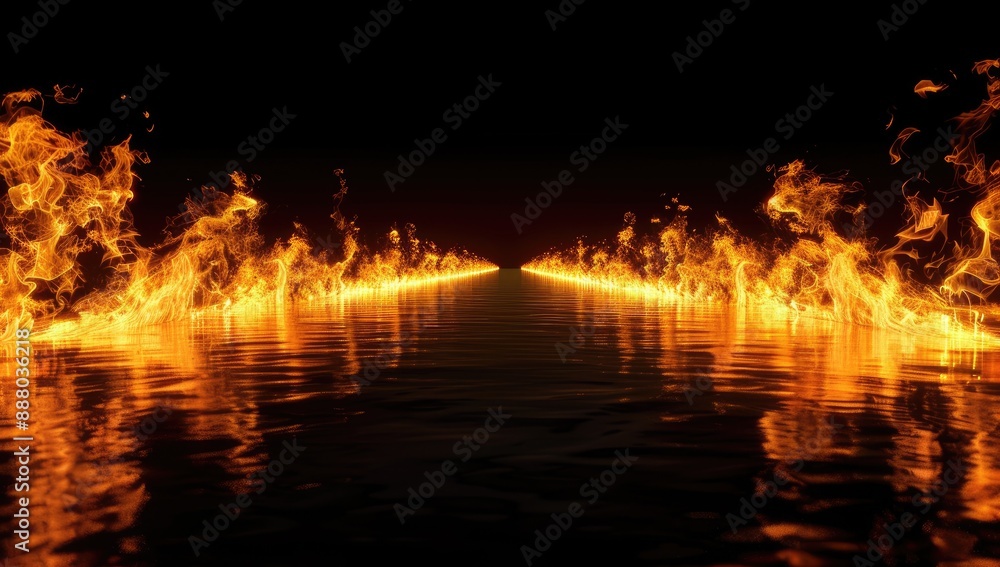 Naklejka premium Intense Flames Along Dark Road