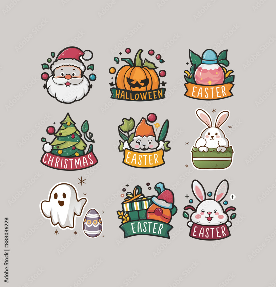 Holidays printable stickers clipart illustration set Holidays printable stickers clipart illustration set