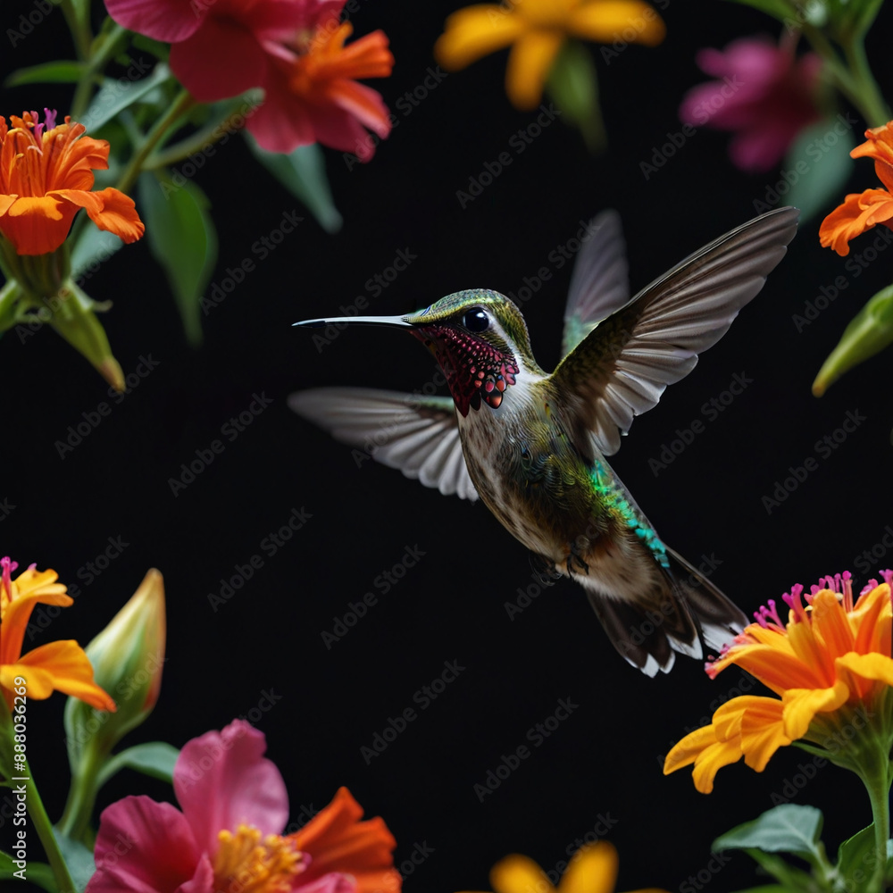 Beautiful bright hummingbird in a frame of flowers. Hummingbird in flight Beautiful bright hummingbird in a frame of flowers. Hummingbird in flight