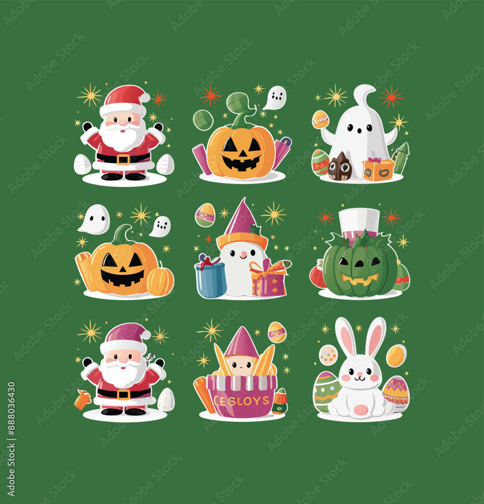 Holidays printable stickers clipart illustration set Holidays printable stickers clipart illustration set