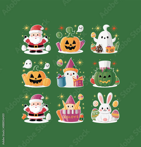 Holidays printable stickers clipart illustration set