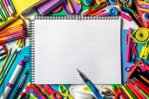 School supplies bordered by a ruled paper background in vibrant colors