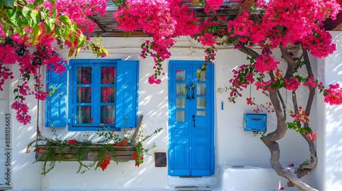 Greece, Mykonos, a fully colored and decorared typical house with bougainvillea in Ano Mera area photo