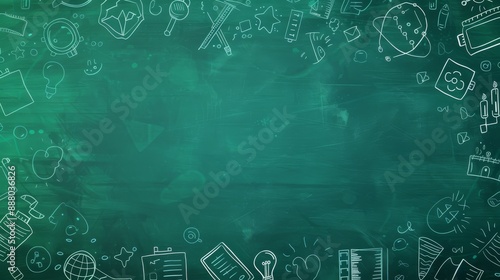 Green school teacher's chalkboard background with doodle and blank copyspace for the concept of education success and childhood imagination