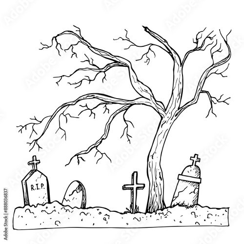 Vector old abandoned cemetery. Hand painted linear autumn tree illustration. Graphic monochrome tombstone art for tattoo, symbol of death, halloween, horror. Isolated on background. For designers, The