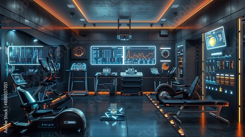 Futuristic gym with smart equipment, biometric tracking, and virtual trainers, illustrating innovative fitness technology
