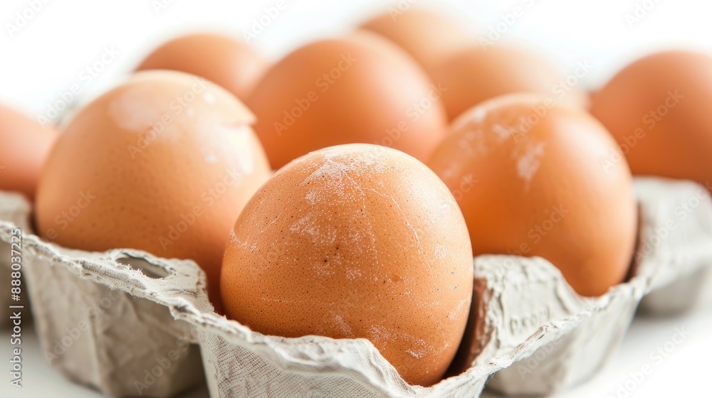 Close up of fresh eggs in a carton on a white background Close up of fresh eggs in a carton on a white background