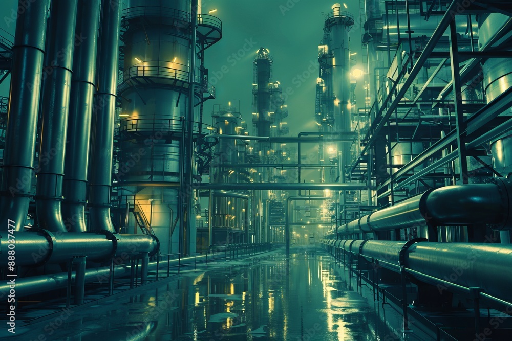 Lots of industry pipelines inside refinery complex. Postproducted generative Lots of industry pipelines inside refinery complex. Postproducted generative