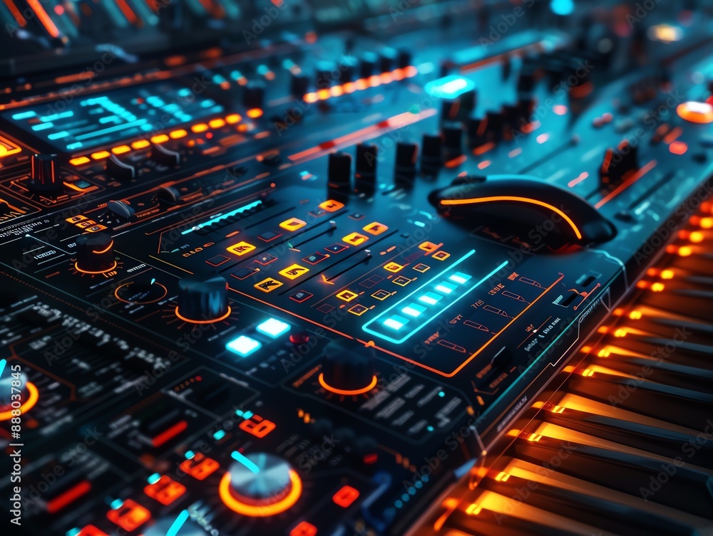 High-tech music production with digital instruments, holographic interfaces, and immersive sound, illustrating audio technology High-tech music production with digital instruments, holographic interfaces, and immersive sound, illustrating audio technology