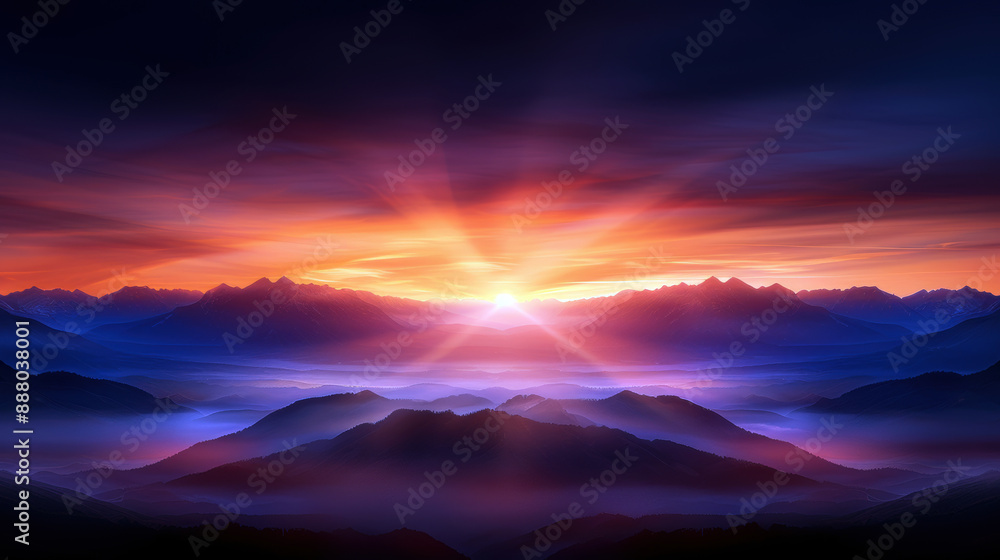 Fototapeta premium A beautiful mountain range with a bright sun shining through the clouds. The sun is casting a warm glow on the mountains and the sky. The scene is serene and peaceful