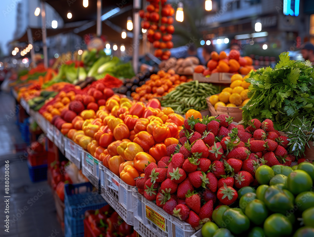 A fruit stand with a variety of fruits and vegetables, including apples, oranges, and strawberries. The stand is set up outdoors, and the produce is displayed in baskets and crates A fruit stand with a variety of fruits and vegetables, including apples, oranges, and strawberries. The stand is set up outdoors, and the produce is displayed in baskets and crates