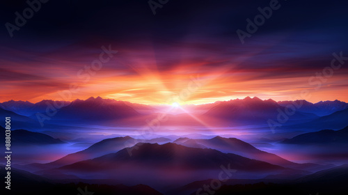 A beautiful mountain range with a bright sun shining through the clouds. The sun is casting a warm glow on the mountains and the sky. The scene is serene and peaceful