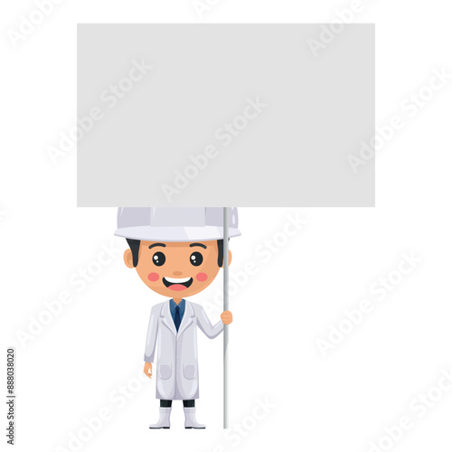 Quality control supervisor in food holding a banner at a protest march or mobilization. Poster with space to copy and paste text. Food industry engineer. Safety in food production and processing