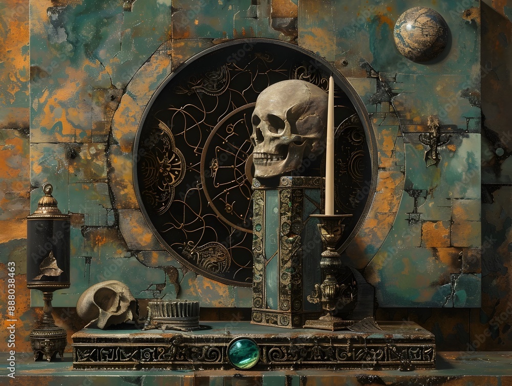 Obraz premium Symbolic Objects Capturing the Essence of Reincarnation in a Surreal,Mystical Composition