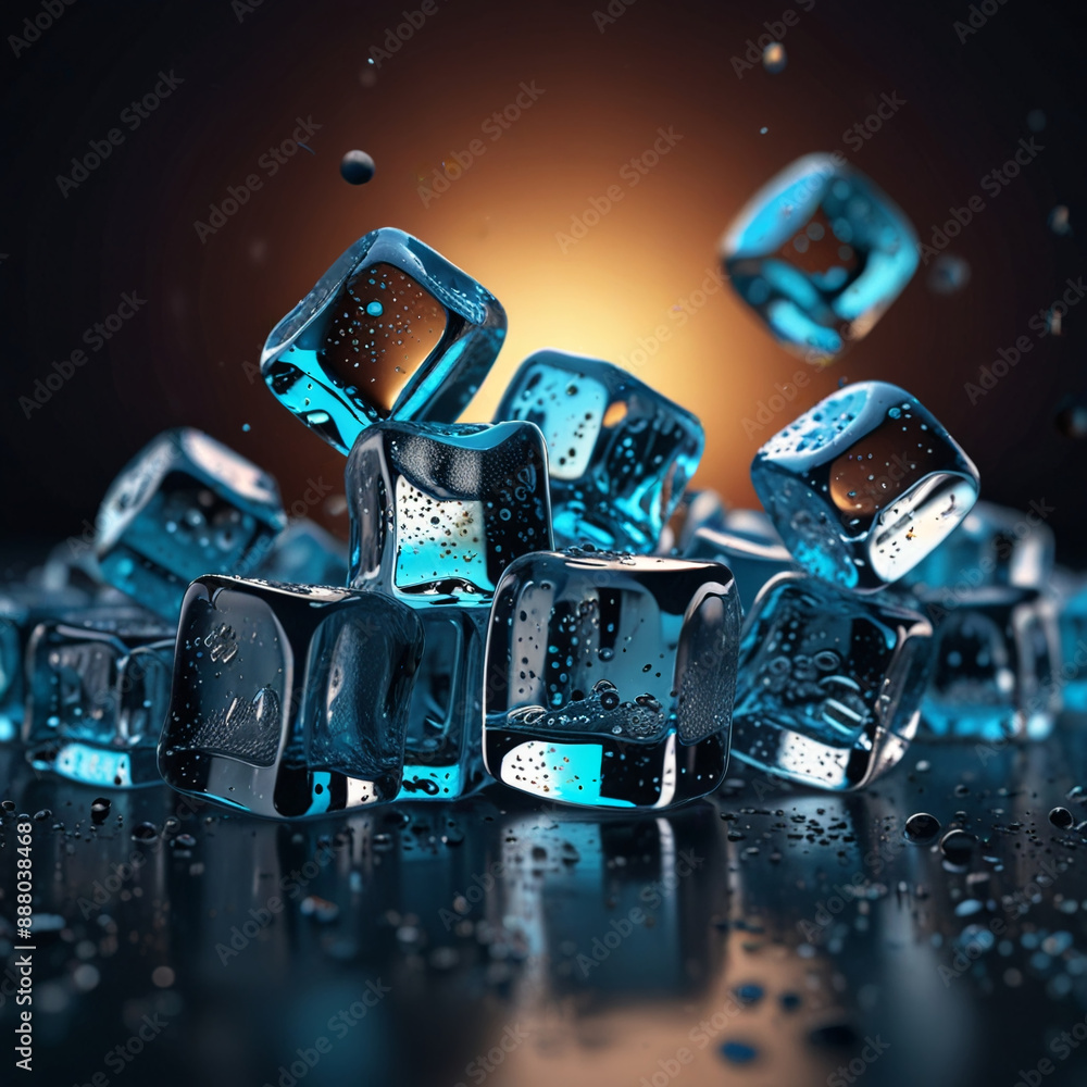 Natural ice cubes on a dark reflective surface. Natural ice cubes on a dark reflective surface.