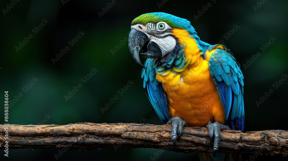 A colorful parrot is perched on a branch. The bird is blue and yellow, with a bright green beak. The scene is peaceful and serene, with the bird looking out over the surrounding trees A colorful parrot is perched on a branch. The bird is blue and yellow, with a bright green beak. The scene is peaceful and serene, with the bird looking out over the surrounding trees