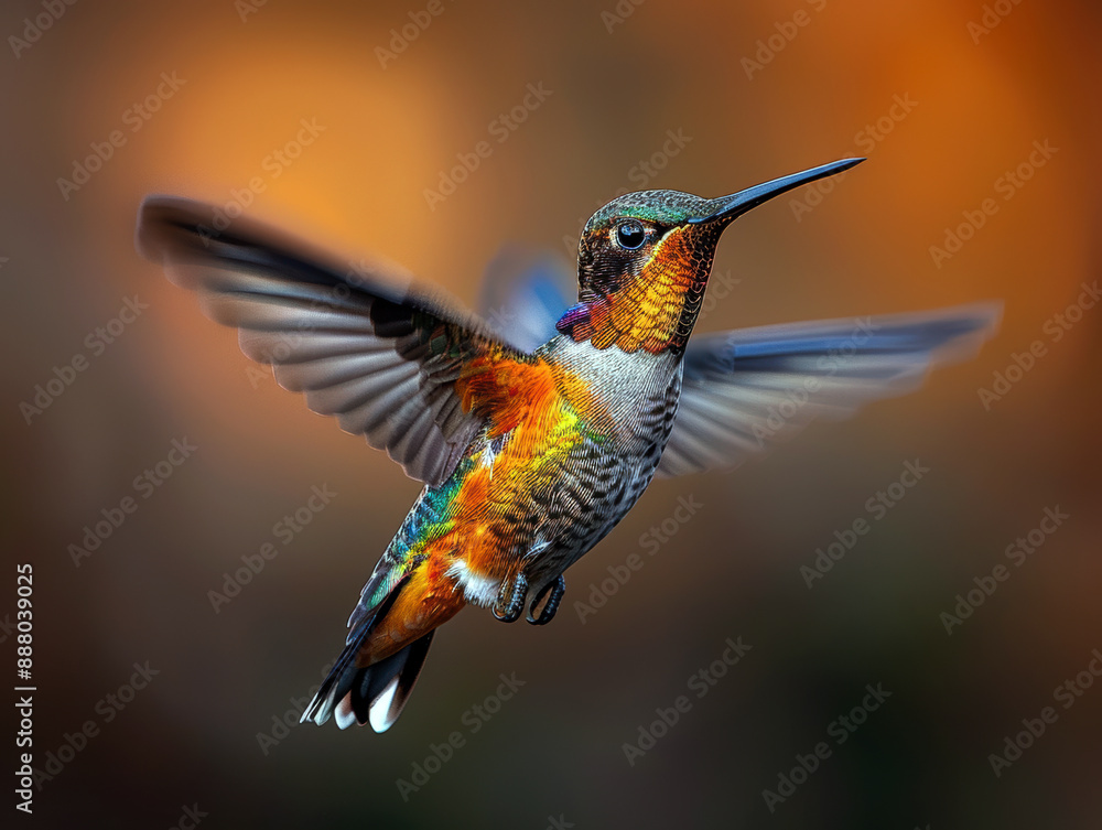 Obraz premium A hummingbird is flying in the air with its wings spread wide. The bird is colorful and has a bright orange and brown body. Concept of freedom and joy, as the bird soars through the sky with ease