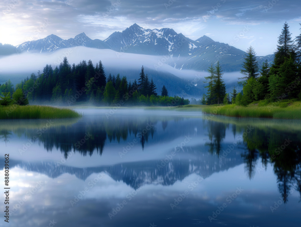 A beautiful mountain lake with a cloudy sky in the background. The lake is calm and peaceful, with trees surrounding it. The reflection of the trees and mountains in the water creates a serene A beautiful mountain lake with a cloudy sky in the background. The lake is calm and peaceful, with trees surrounding it. The reflection of the trees and mountains in the water creates a serene