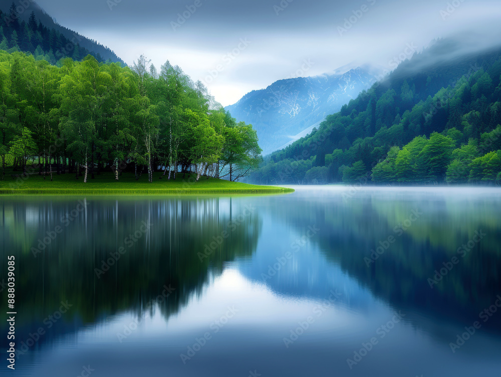 Fototapeta premium A serene lake with a forest in the background. The water is calm and the sky is cloudy