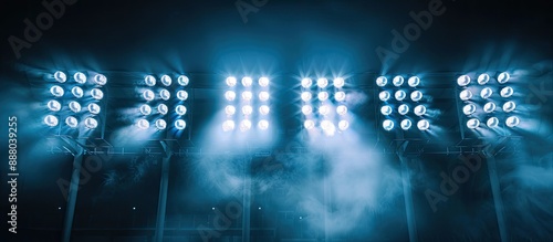 Soccer stadium lights shining with reflection on a black background creating a copy space image