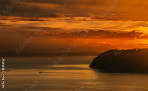 Big Sunset Little Boat, Washington State, USA