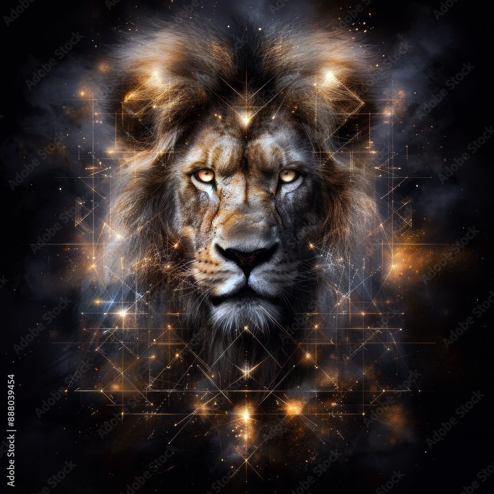 A lion with a glowing face is the main focus of this image. The lion's face is surrounded by a lot of stars and other celestial objects, giving the impression of a cosmic or mystical scene