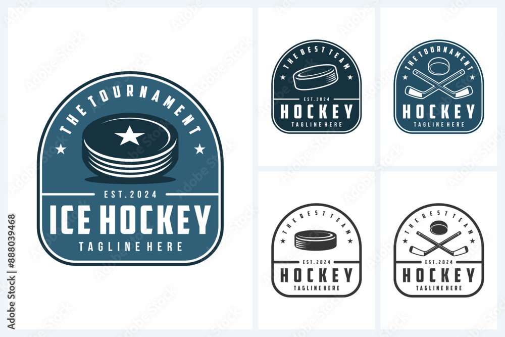 Ice hockey logo sport design template, hockey emblem vector, ice hockey tournament logo badge design vector illustration Ice hockey logo sport design template, hockey emblem vector, ice hockey tournament logo badge design vector illustration