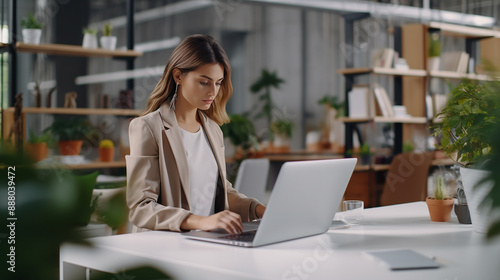 Woman Working on Laptop White Screen