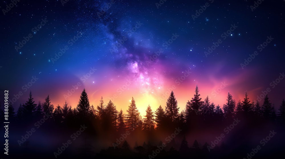 A beautiful night sky with a purple and orange sunset and a few trees in the background. The sky is filled with stars and the moon is visible A beautiful night sky with a purple and orange sunset and a few trees in the background. The sky is filled with stars and the moon is visible