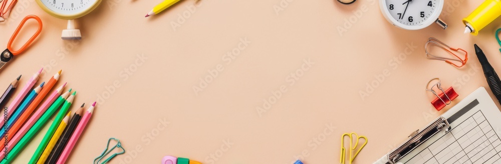 The Back to School background includes a text box. A collection of school supplies with a bright flat style. This is an educational concept, copy space, mockup, overhead, and template. The Back to School background includes a text box. A collection of school supplies with a bright flat style. This is an educational concept, copy space, mockup, overhead, and template.