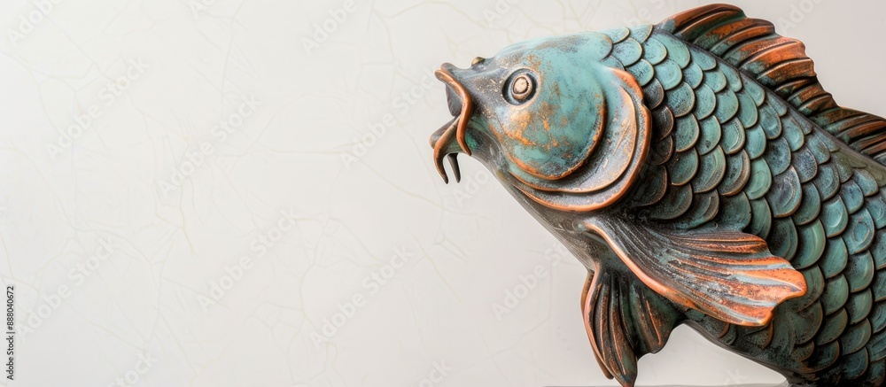 Fish statue on white backdrop with copy space image Fish statue on white backdrop with copy space image