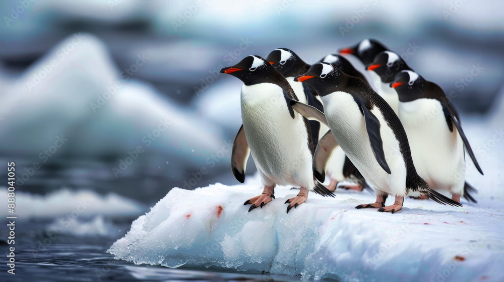 Fototapeta premium A group of penguins on an ice floe in the Antarctic ocean