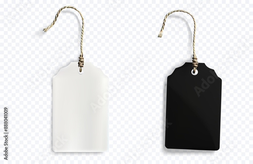 3D illustration of two blank tags, one black and one white, with twisted twine strings. These tags are ideal for use in various labeling, gift wrapping, and branding projects. Vector 