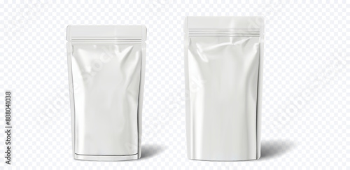 Realistic 3D Stand-Up Pouches, Product Packaging Design. Isolated Vector White Zipper Bags on Transparent Background, Symbolizing Modern and Flexible Packaging for Creative Projects