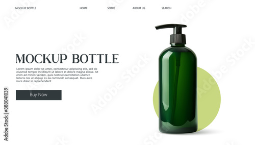 A realistic 3D illustration of a green pump bottle, isolated on a white background with a light green circle. Ideal for packaging, cosmetic, and personal care product designs. Vector