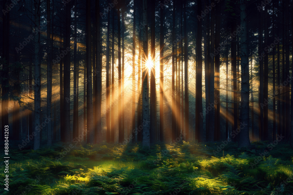 Fototapeta premium A forest with a sun shining through the trees