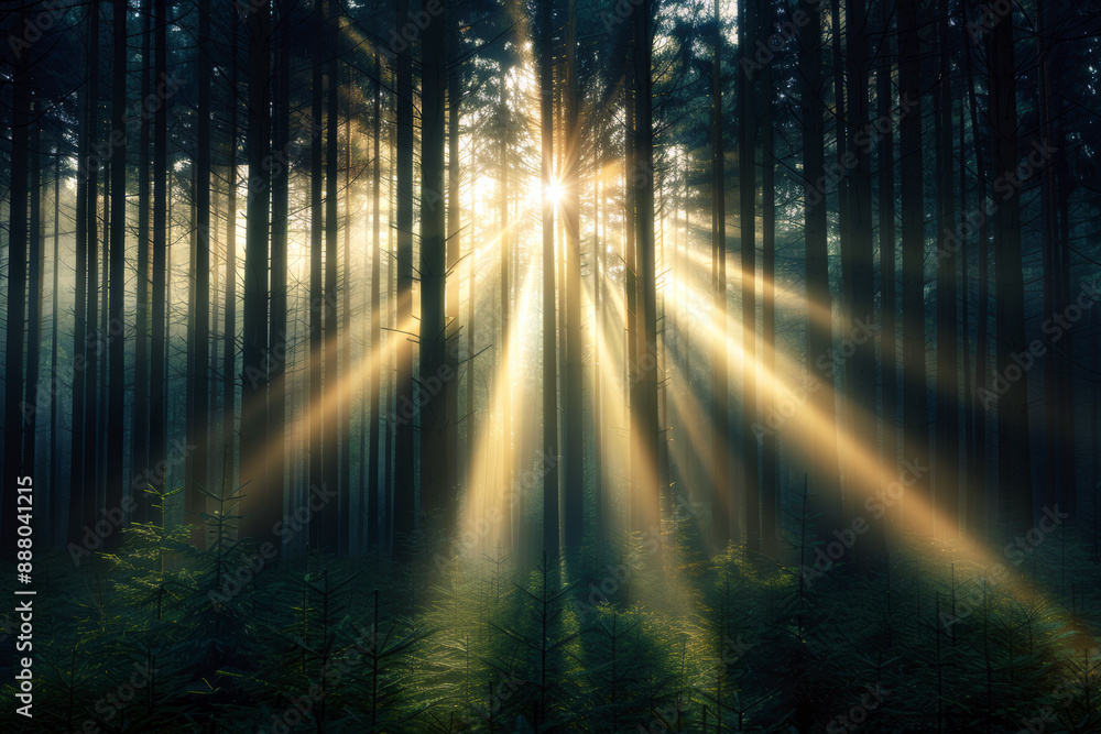 Naklejka premium The sun is shining through the trees, casting a warm glow on the forest floor. The light is creating a peaceful and serene atmosphere, inviting one to take a moment to appreciate the beauty of nature