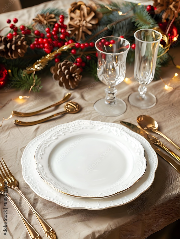 Festive Christmas Table Setting with Empty White Plate and Holiday Decorations Festive Christmas Table Setting with Empty White Plate and Holiday Decorations