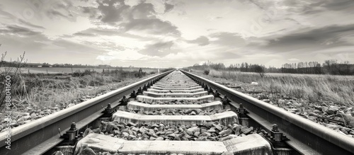 Scenic black and white photo of railway tracks in rural setting with copy space image included