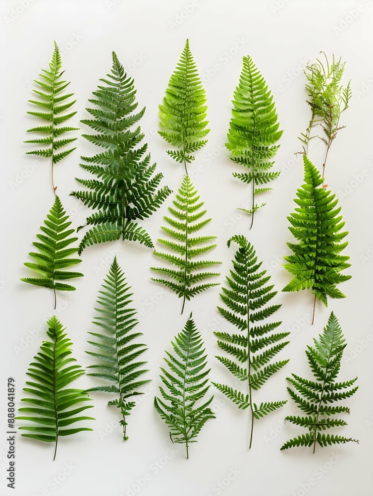 ferns arranged in an orderly fashion on white background.Flat lay ferns arranged in an orderly fashion on white background.Flat lay