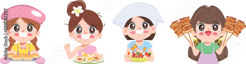 Set of cartoon cute Thai chef with street food logo for sticker label design. illustration vector premium.