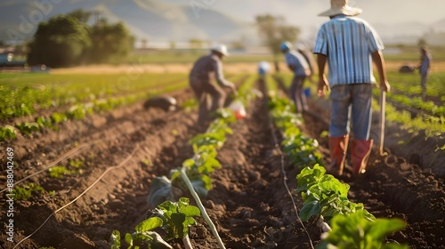 Farmworkers laboring in the field. Significance of manual labor in the agricultural sector, focusing on the diligence and hard work of farmworkers who contribute to food production