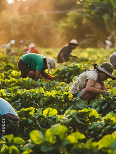 Farmworkers laboring in the field. Significance of manual labor in the agricultural sector, focusing on the diligence and hard work of farmworkers who contribute to food production