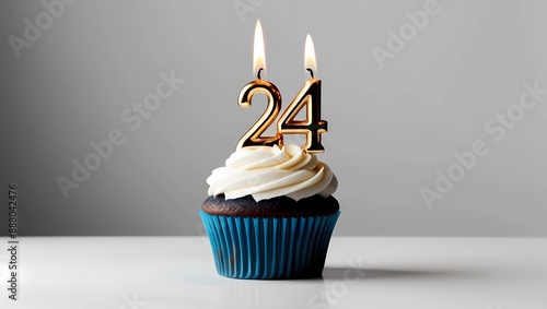 Gold Candle Number 24 on Blue Cupcake with Gray Background
