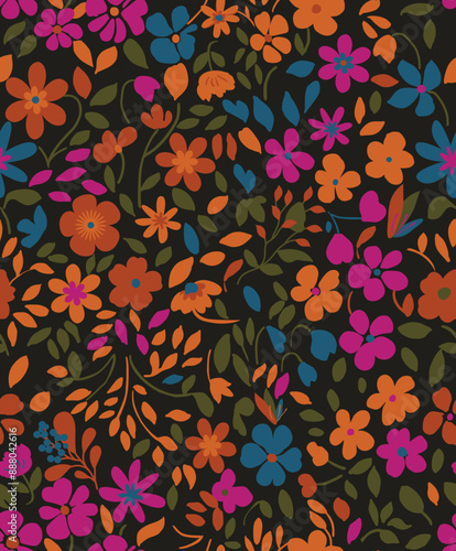 Colorful botanical seamless pattern with vibrant hand drawn small flower and tiny leaf