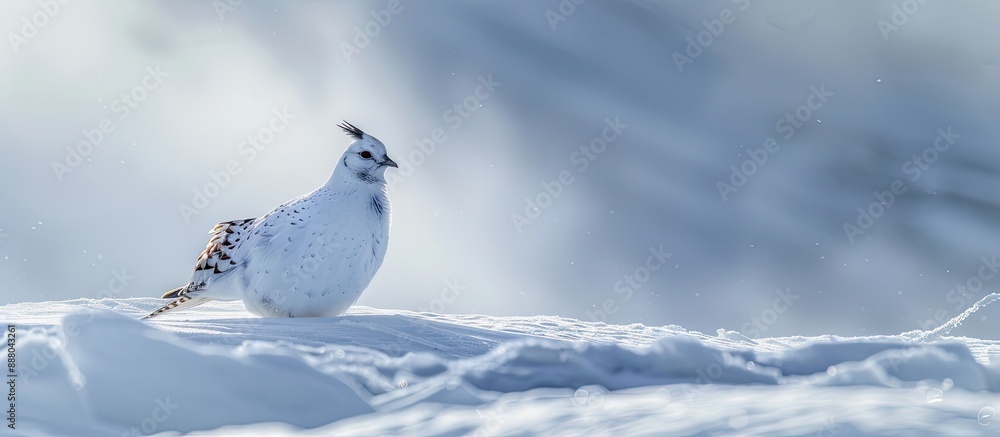 A Svalbard Rock ptarmigan scientifically known as Lagopus muta hyperborea with its winter plumage is pictured standing in the snow at Svalbard creating a serene copy space image for viewers A Svalbard Rock ptarmigan scientifically known as Lagopus muta hyperborea with its winter plumage is pictured standing in the snow at Svalbard creating a serene copy space image for viewers