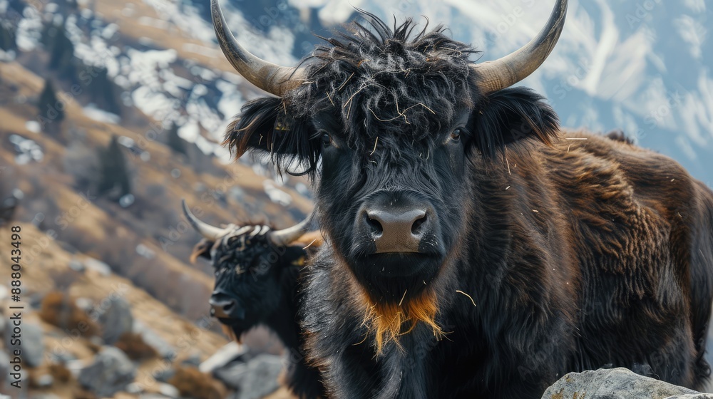 Fototapeta premium yak grazing in the snow