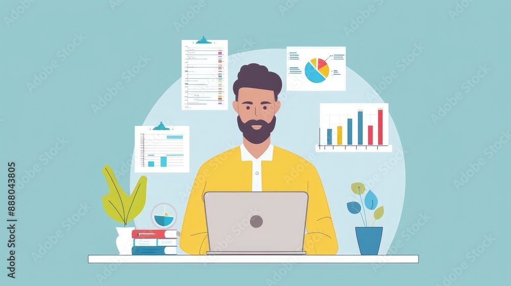 Sales Surge, Data Analysis to Increase Sales and Revenue, Featuring a Man Sitting with a Laptop and Working with a Growing Graph Sales Surge, Data Analysis to Increase Sales and Revenue, Featuring a Man Sitting with a Laptop and Working with a Growing Graph