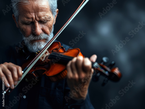 A man is playing a violin. He is wearing a black shirt and has a beard